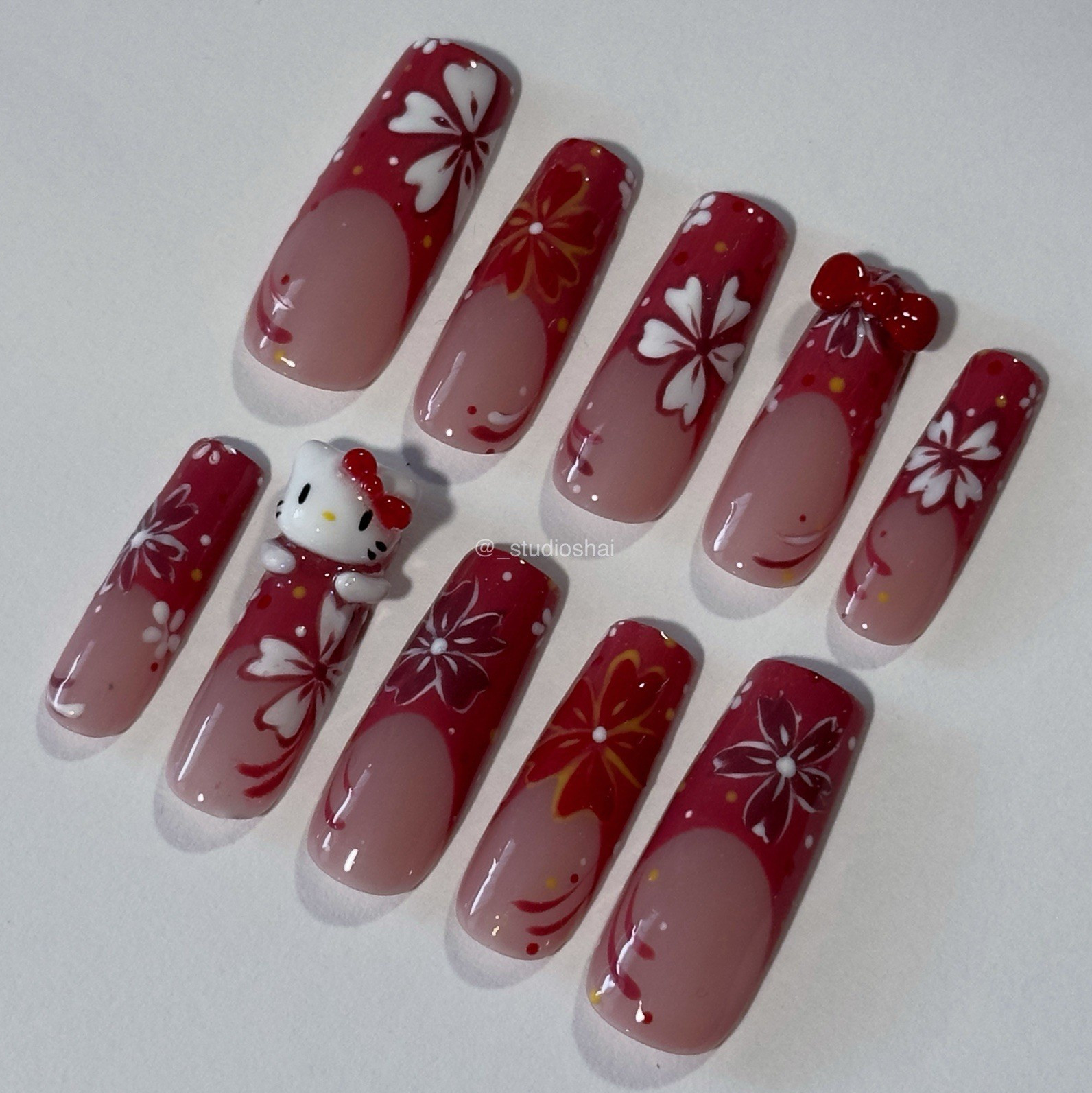 Long Square Handmade Press-On Nails Full Cover 3D Hello Kitty, Size Medium