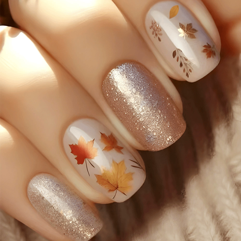 48pcs Fall Press-on Nails Autumn Leaves Pumpkin Warm Brown Glitter Fall Nails