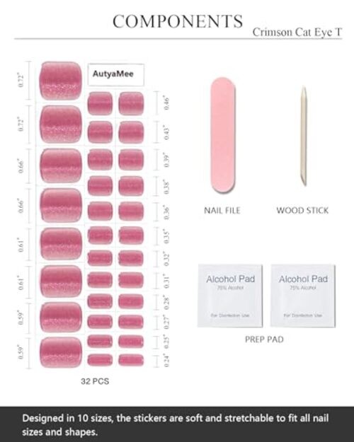 Semi Cured Gel Toenail Strips (), 32 Pcs Gel Pedi Stickers, Crimson Cat Eye T