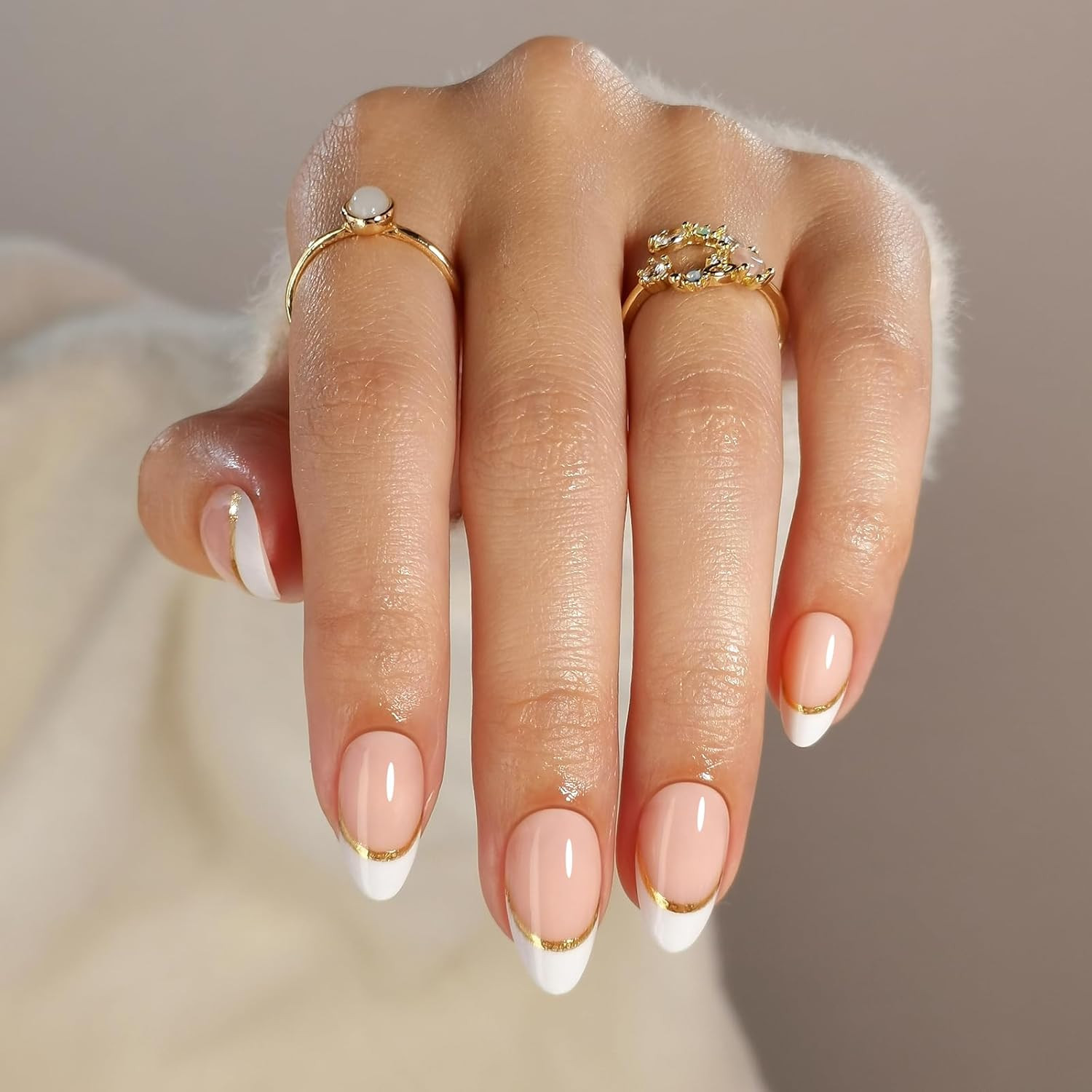 White French Tip Press on Nails with Gold Line Design – Soft Gel Valentines Almo