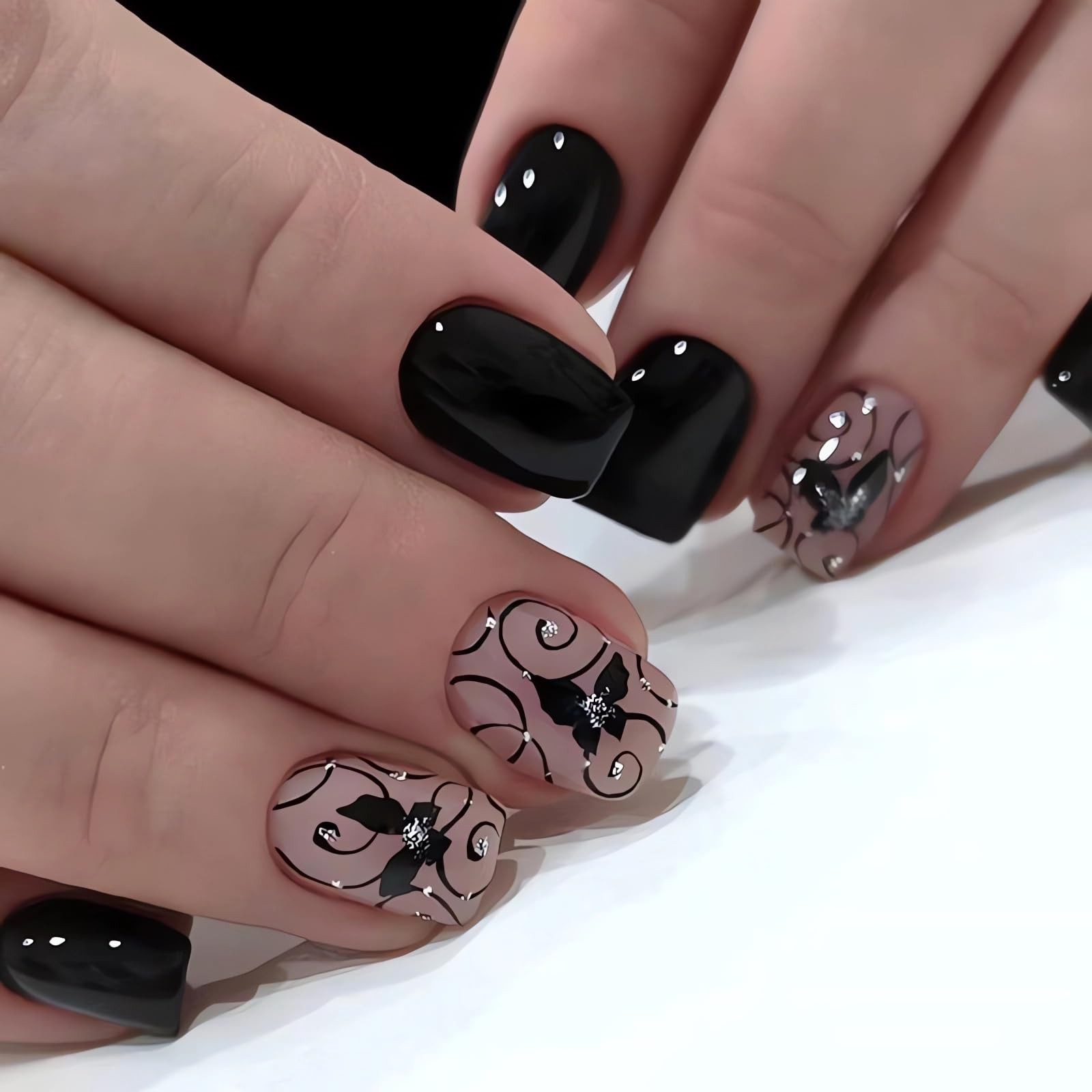 Extra Short Press on Nails Square Black Fake Nails Glossy Acrylic Glue on Nai…