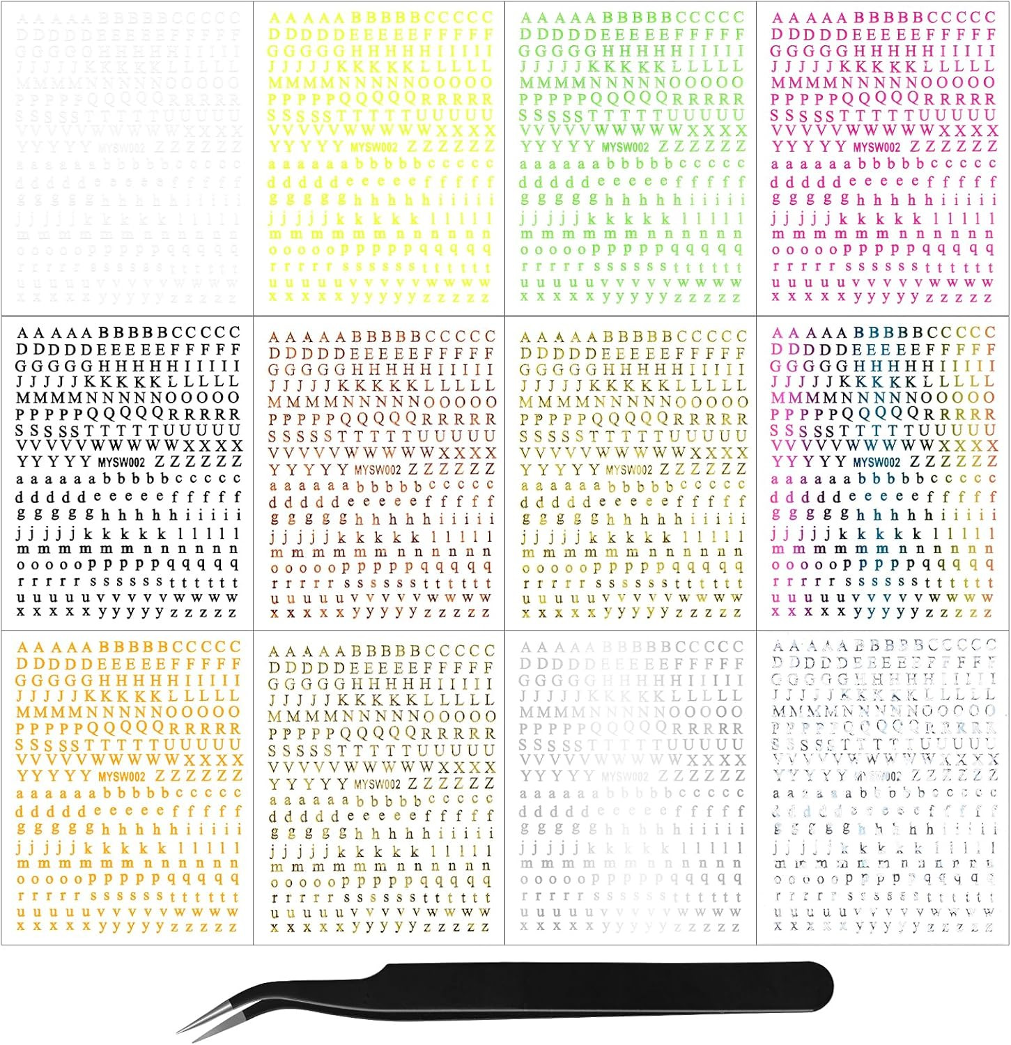 12 Sheets Alphabet Nail Art Stickers 3D Black White Gold Self-Adhesive Letter Na