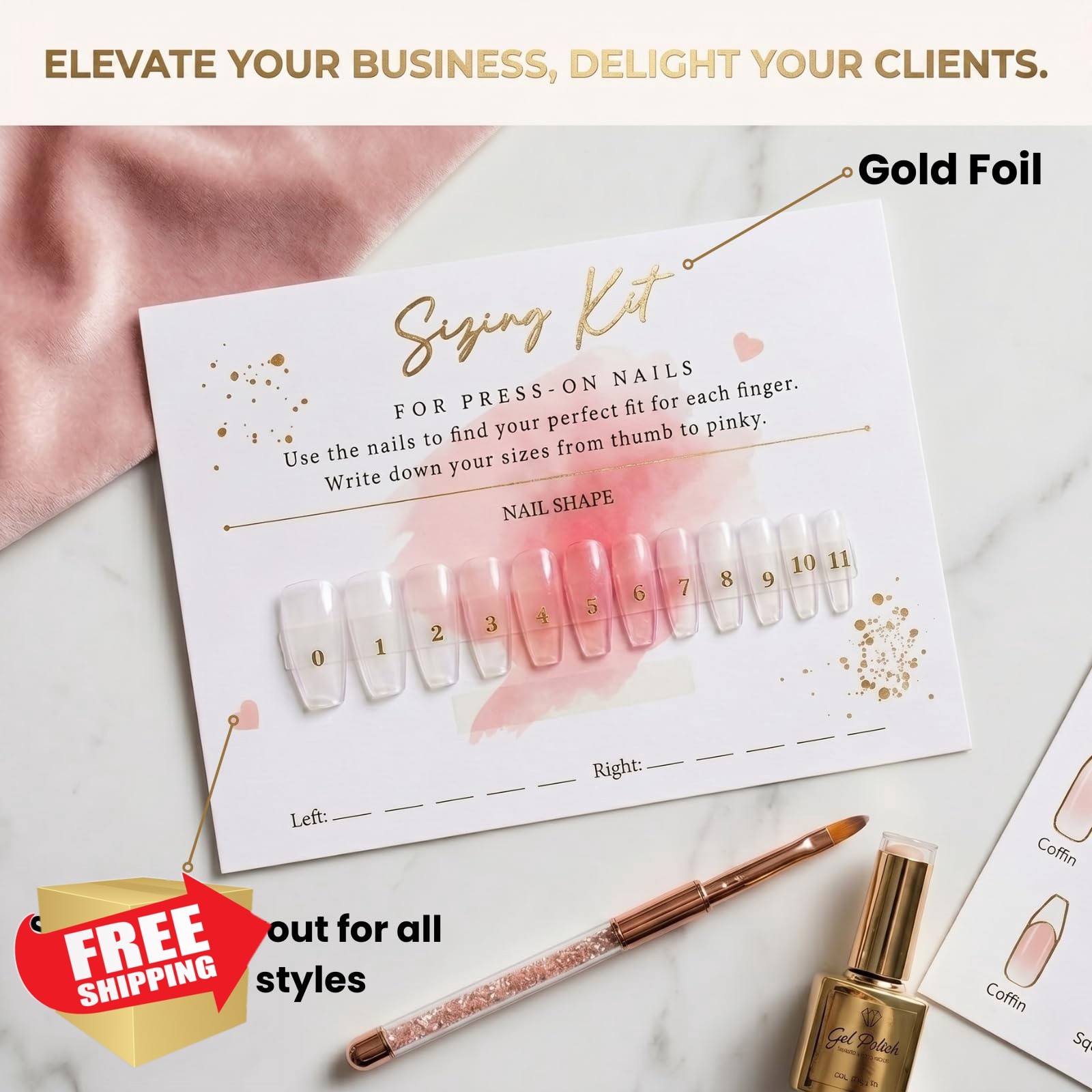 Mocomfor 30pk Pink Gold Nail Size Cards 5×7