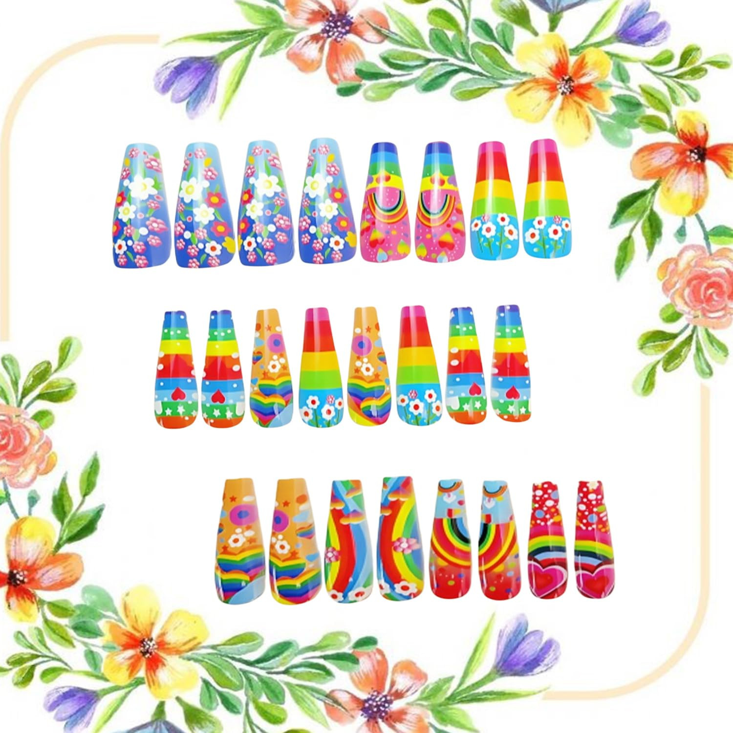Rainbow Stripes Press on Nails Long Length Flower Love Heart Stripes Pattern Des