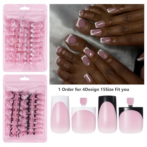 4 Design French Soft Gel Toe Nail Tips Set,120Pcs White Pink Black Full Cover