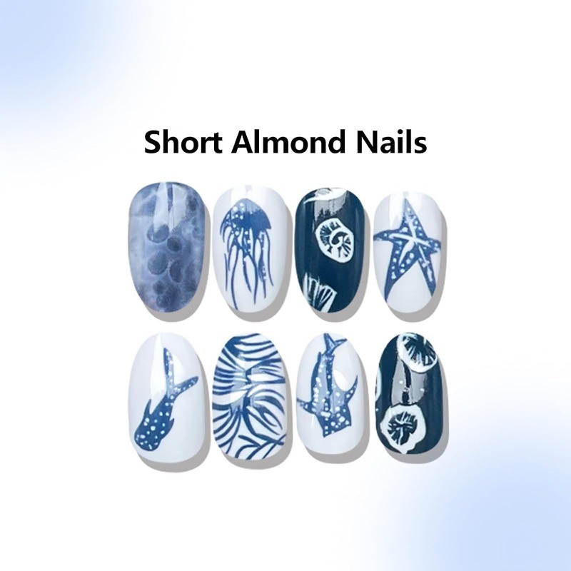 48pcs Summer Ocean Press on Nails, Blue White Shark Jellyfish Almond Fake Nails