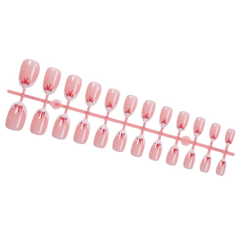 24 Pieces Short Length Almond Press On Glossy Bows Designs French Tip