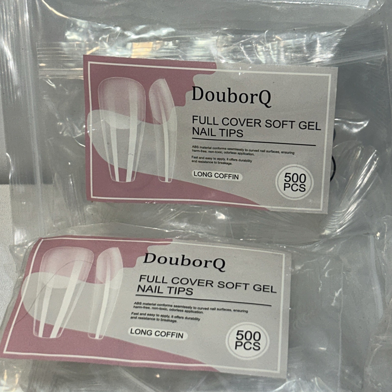 5 New Full Cover Sift Gel Nail Tips, Long Coffin, 500 Pieces Each
