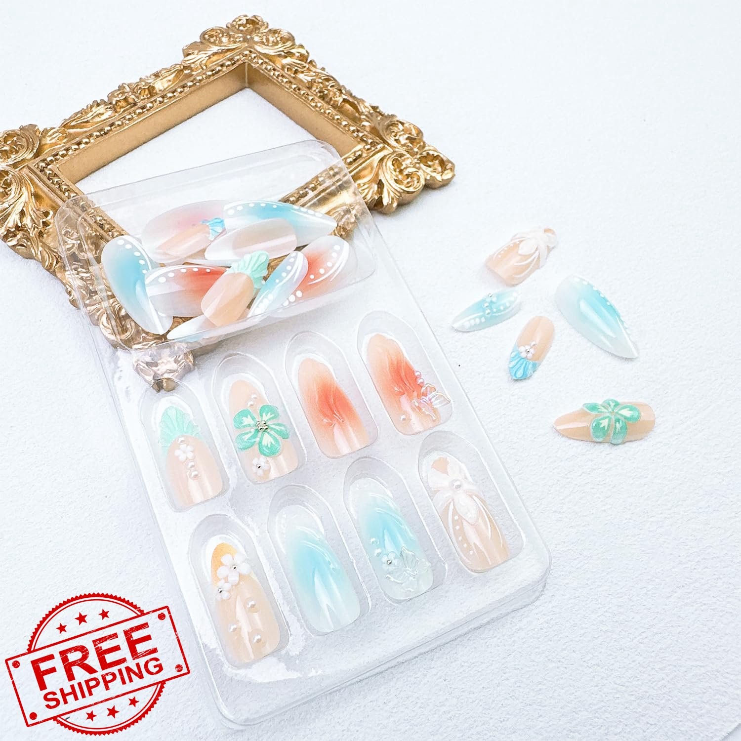 FDSQHSA Medium Almond Press On Nails Flower-17