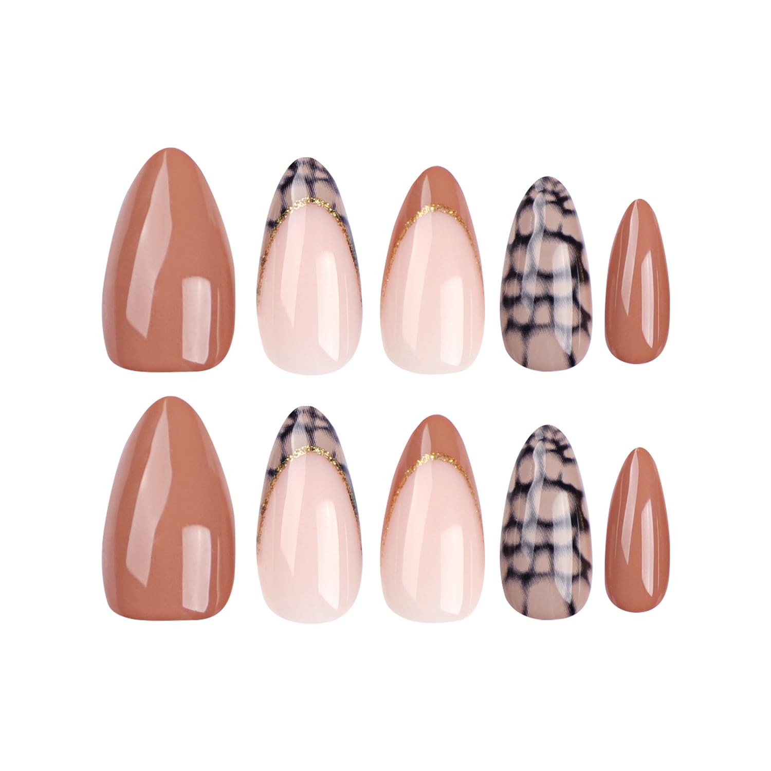 24 Pcs Fall Press on Nails French Tips Almond Fake Nude & Brown False Gold Gl…