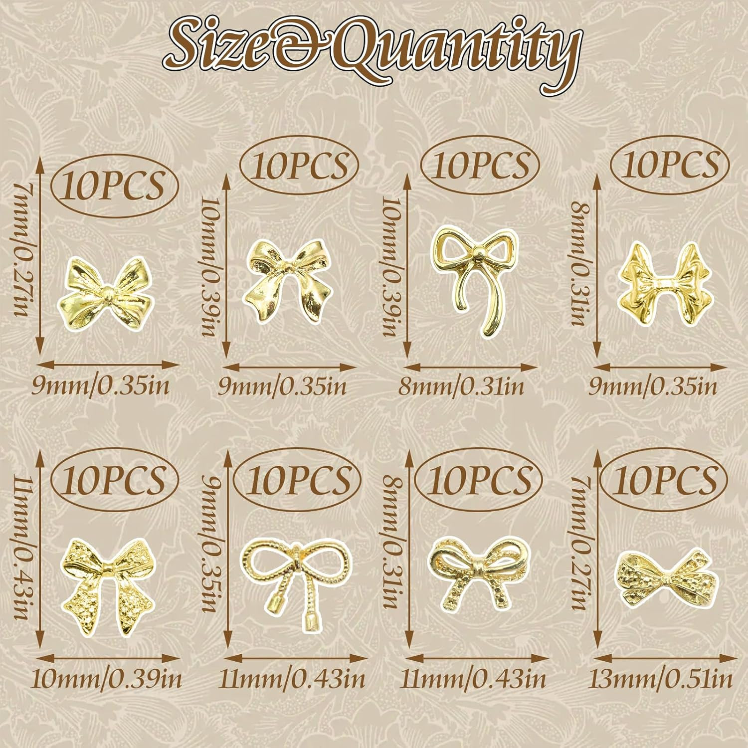 80PCS Gold Bow Charms 8 Styles Metal Alloy Bowknot Gems 3D Nail Art Decoration C