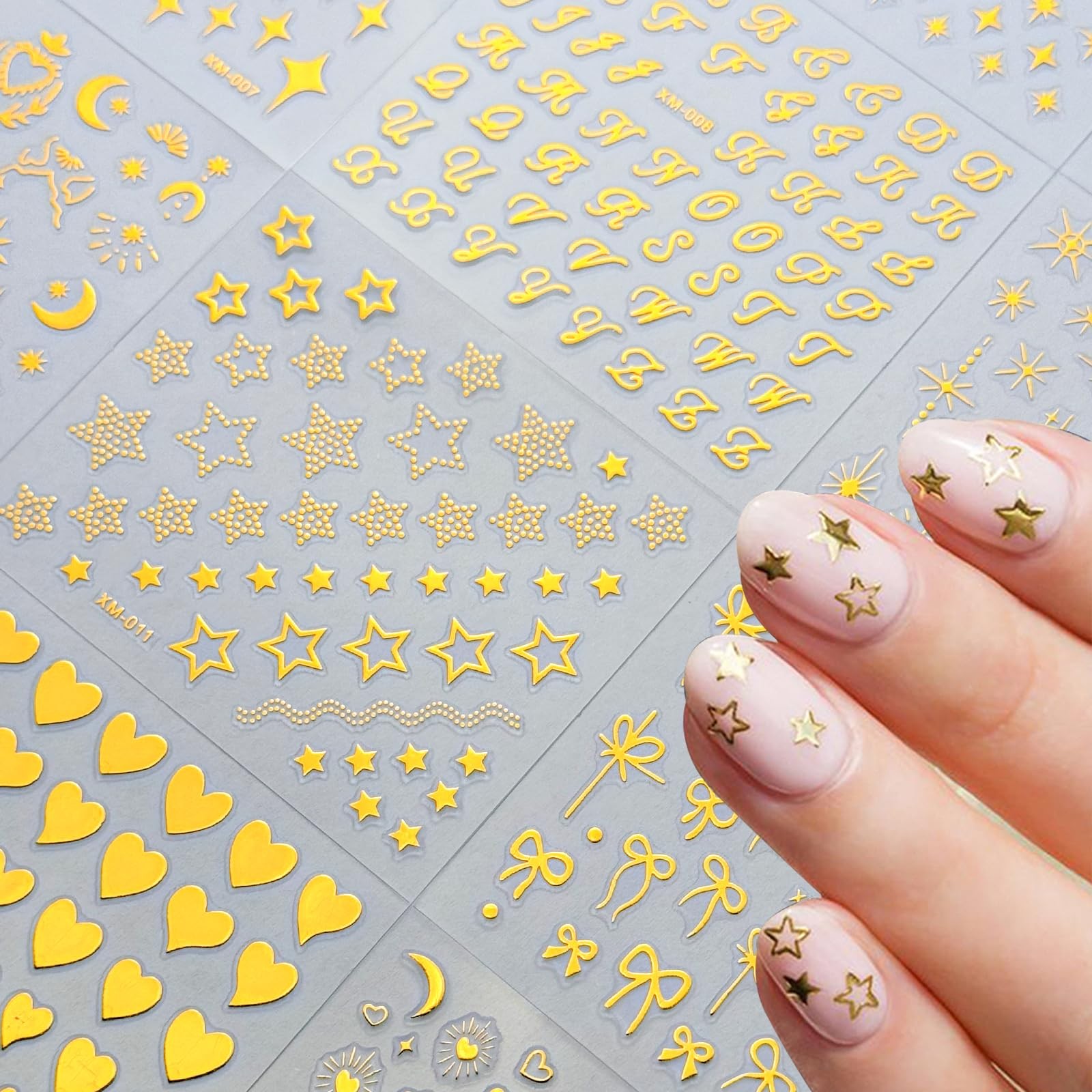 30 Sheets Gold Star Nail Art Stickers 3D Adhesive Moon Star Nail Decals Heart…