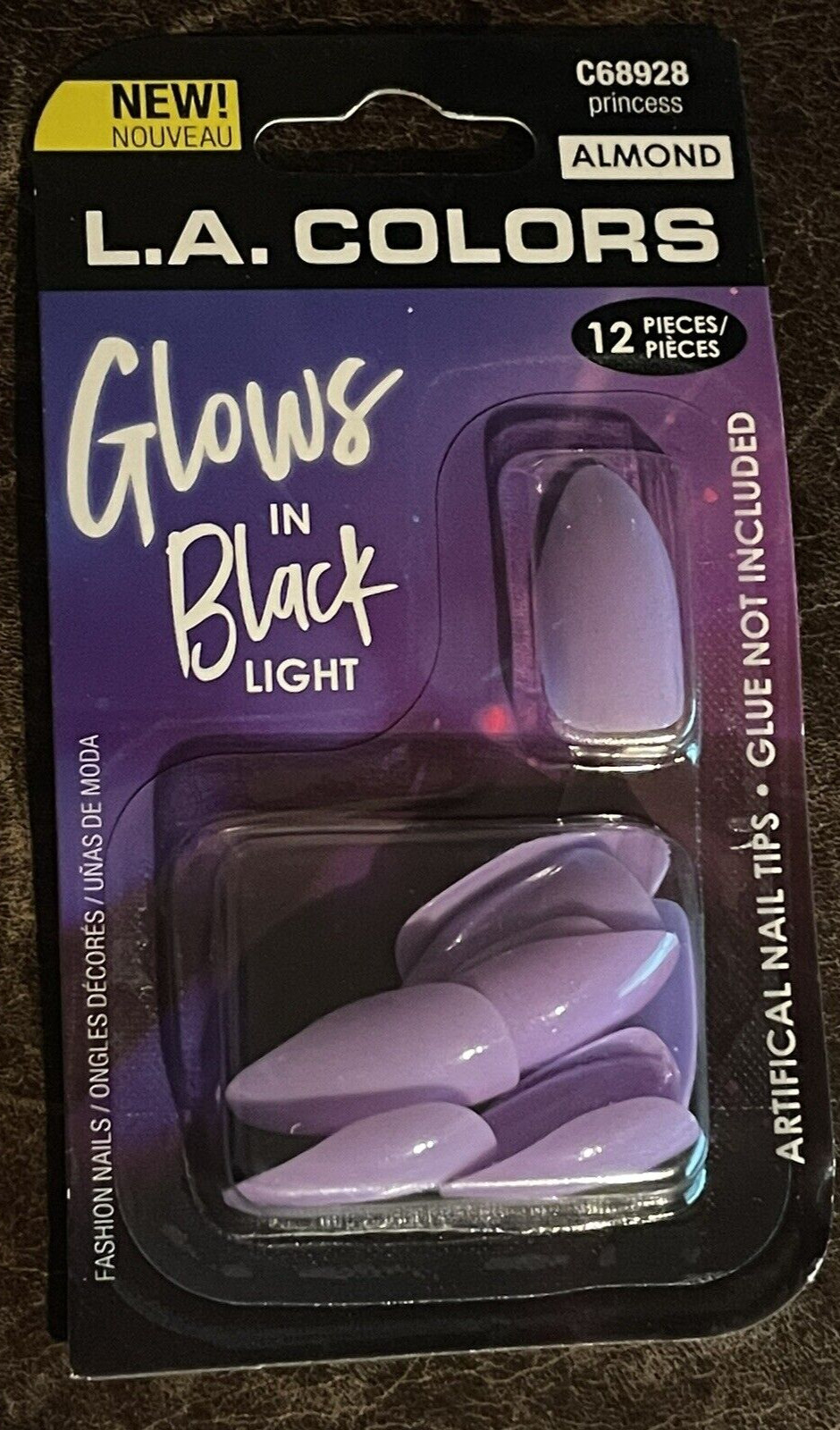 L.A. Colors Glows in Blacklight Nail Tips Almond Shaped Princess-Lavender Color