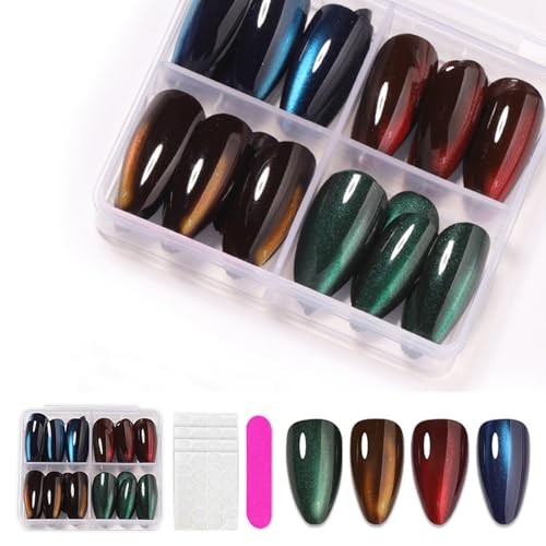 4Packs 96Pcs Cat Eye Press on Nails Almond Fake Nails Glossy Medium Style 9