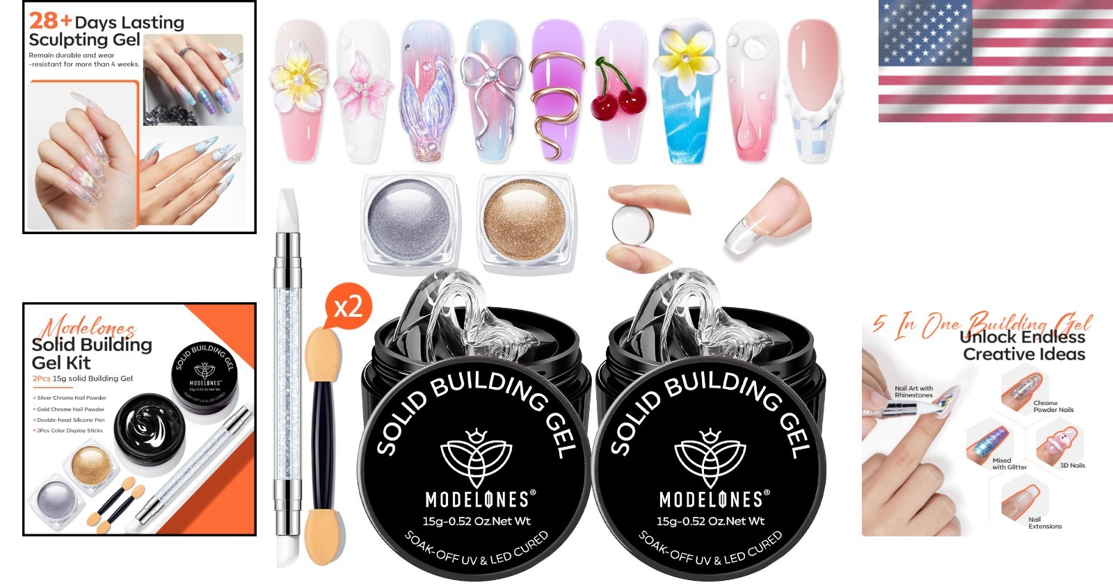 3D Nail Gel Sculpting Set – Non-Sticky Builder Gel & Chrome Powder for Home Use