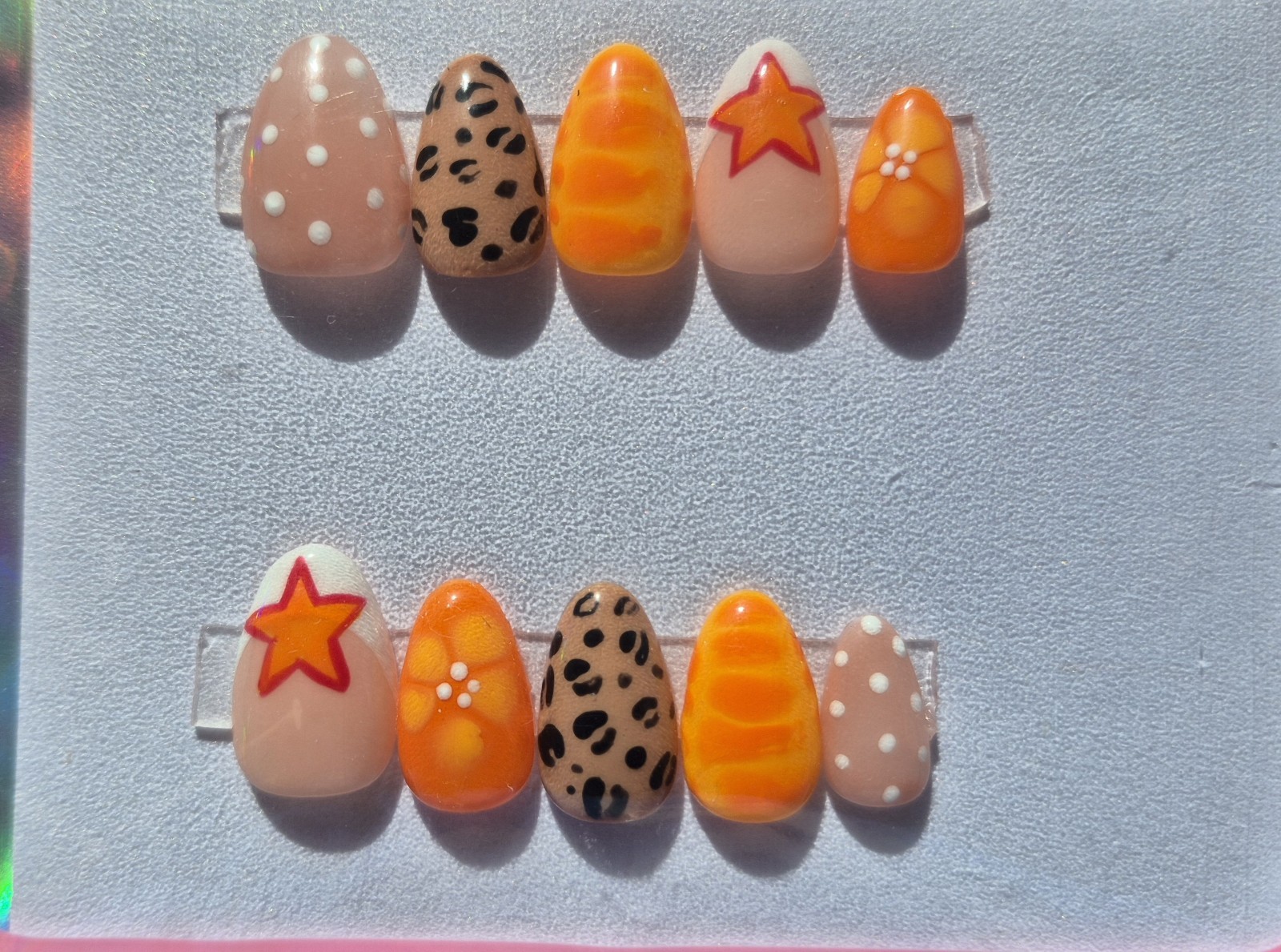 Glitter Pre-Designed Press-On Nails Pink White Orange Stars Short Oval Set