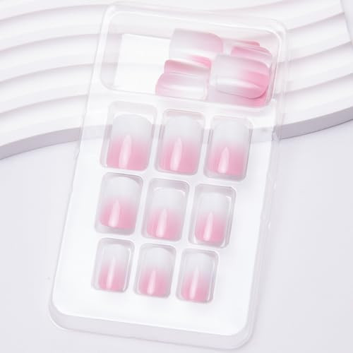 24Pcs Ombre Press on Nails Medium Square Acrylic Fake Nails Pink White Style34