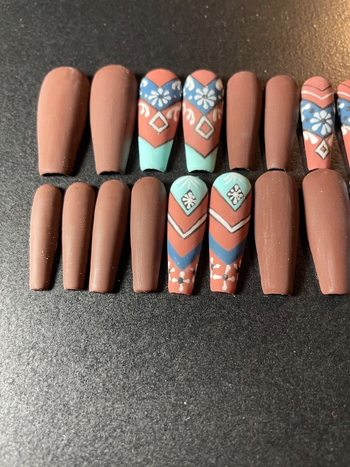 Custom press on nails long 24 matte abstract tribal native brown teal blue white
