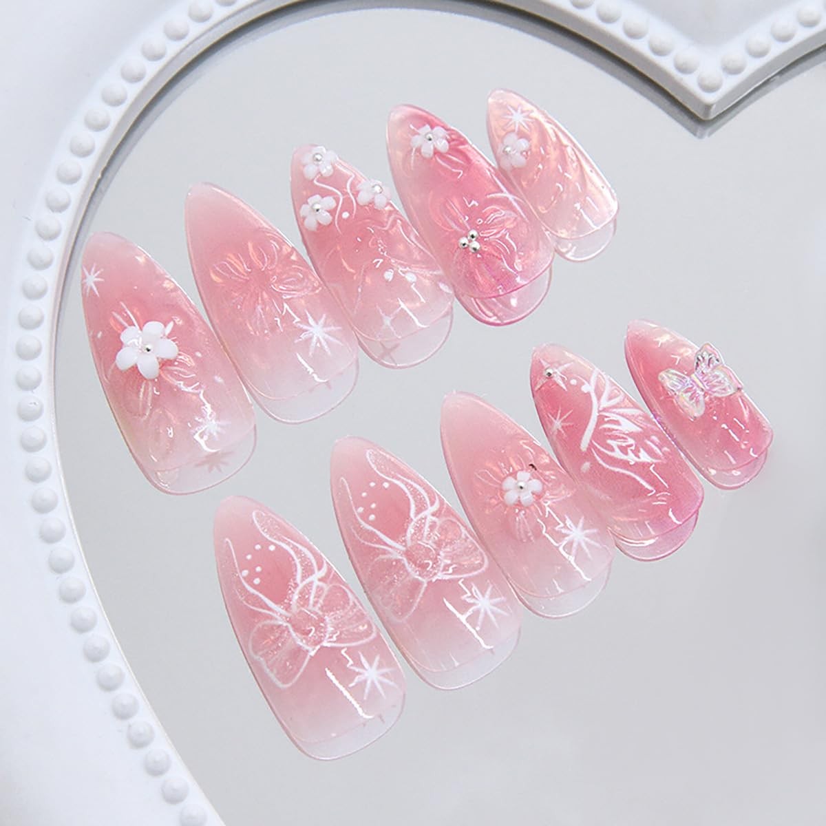 24Pcs Flower Press on Nails Medium Almond Fake 3D Almond, Pink
