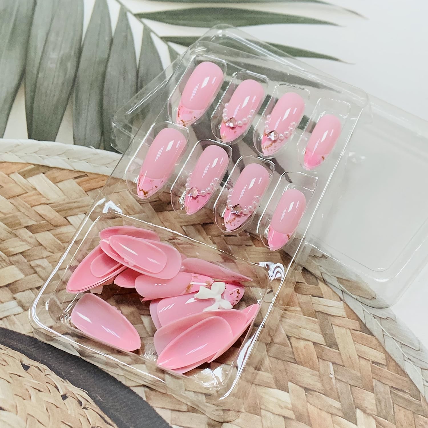 Press on Nails Almond Pink 24Pcs Glossy Full Cover Acrylic French Tips Medium…