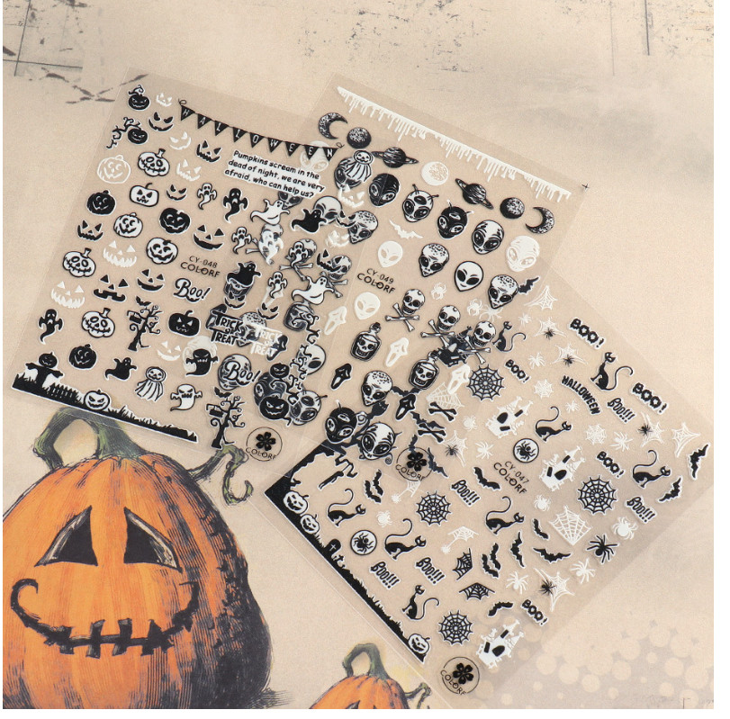 6Pc Adhesive Luminous Nail Art Halloween Skull Ghost Pumpkin Spider Web Bat NS43