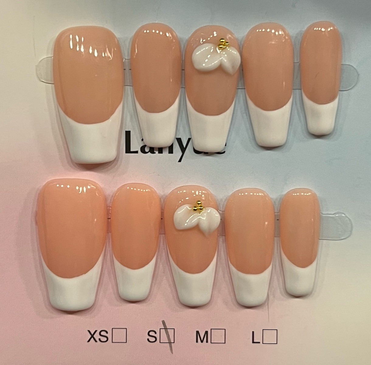 French Tip 3D Flower Acrylic Press-On Nails, Coffin SIZE SMALL✨SEE DISCRIPTION✨