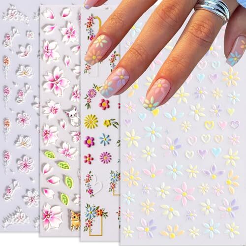 5D Flower Nail Art Stickers, 5D Embossed Floral Nail Decals Daisy Small Flower