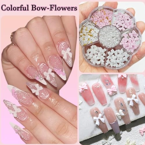 Nail Charms, Flower Bow Manicure Kit, Pink White 3D Cute Flower and Bow Nail