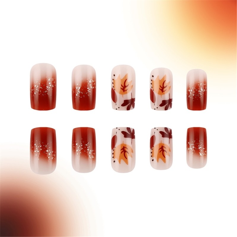 24 Pieces Acrylic Nail Short Square Glossy Maple Leaf Designs For Autumn