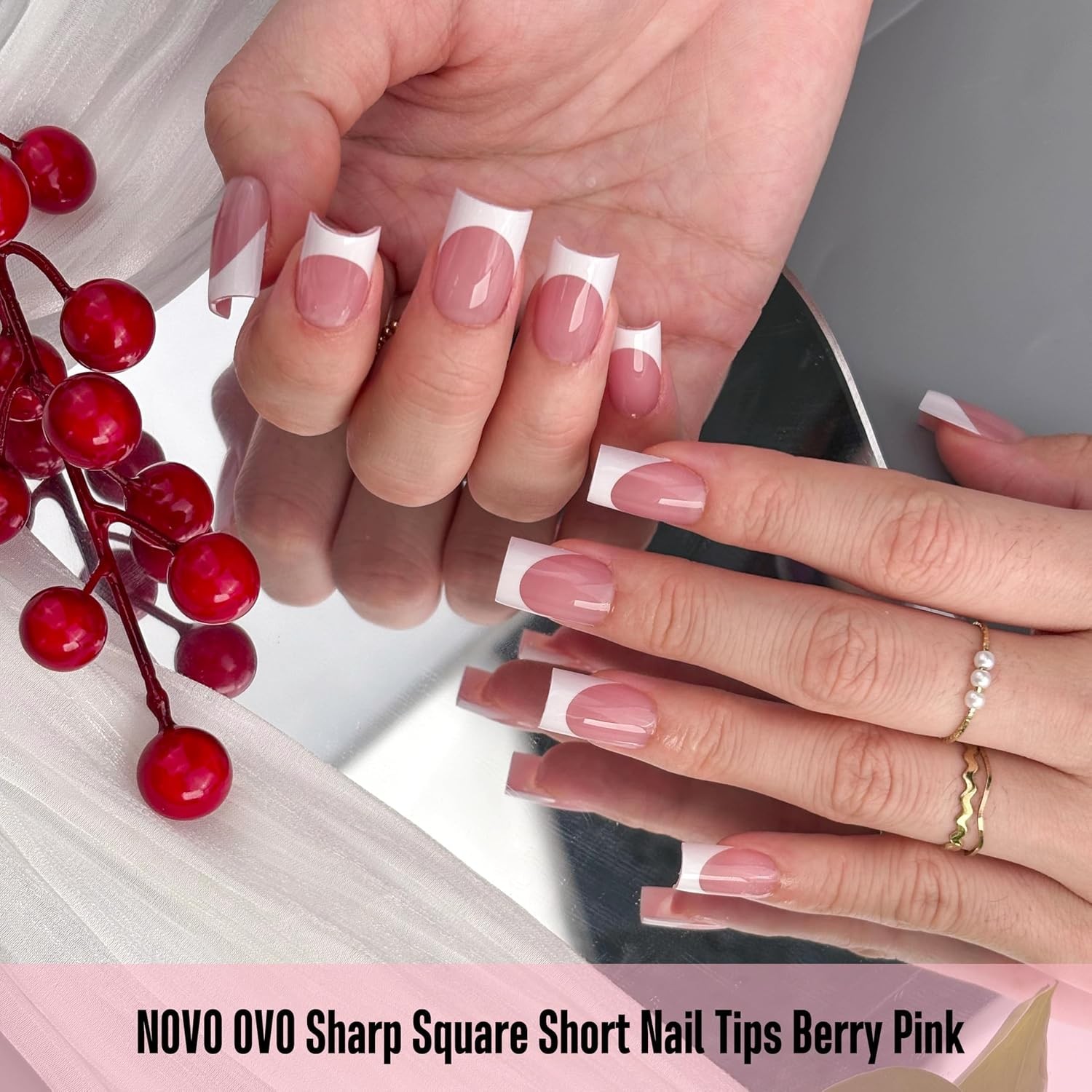 NOVO OVO Short Square French Tip Press-On Nails, Berry Pink, 240 Pcs
