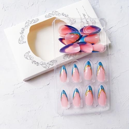 Blue French Tip Press on Nails Medium Almond Cat Eyes with Style-01