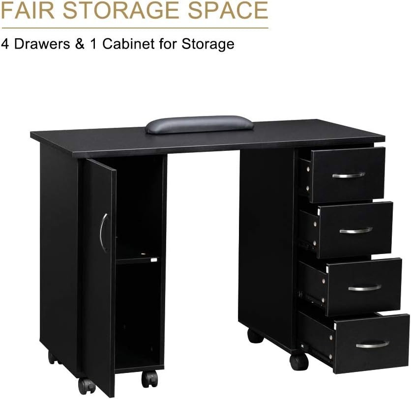 Nail Beauty Manicure Table with 4 Drawers, Lockable Wheels, 2 Shelves Storage…