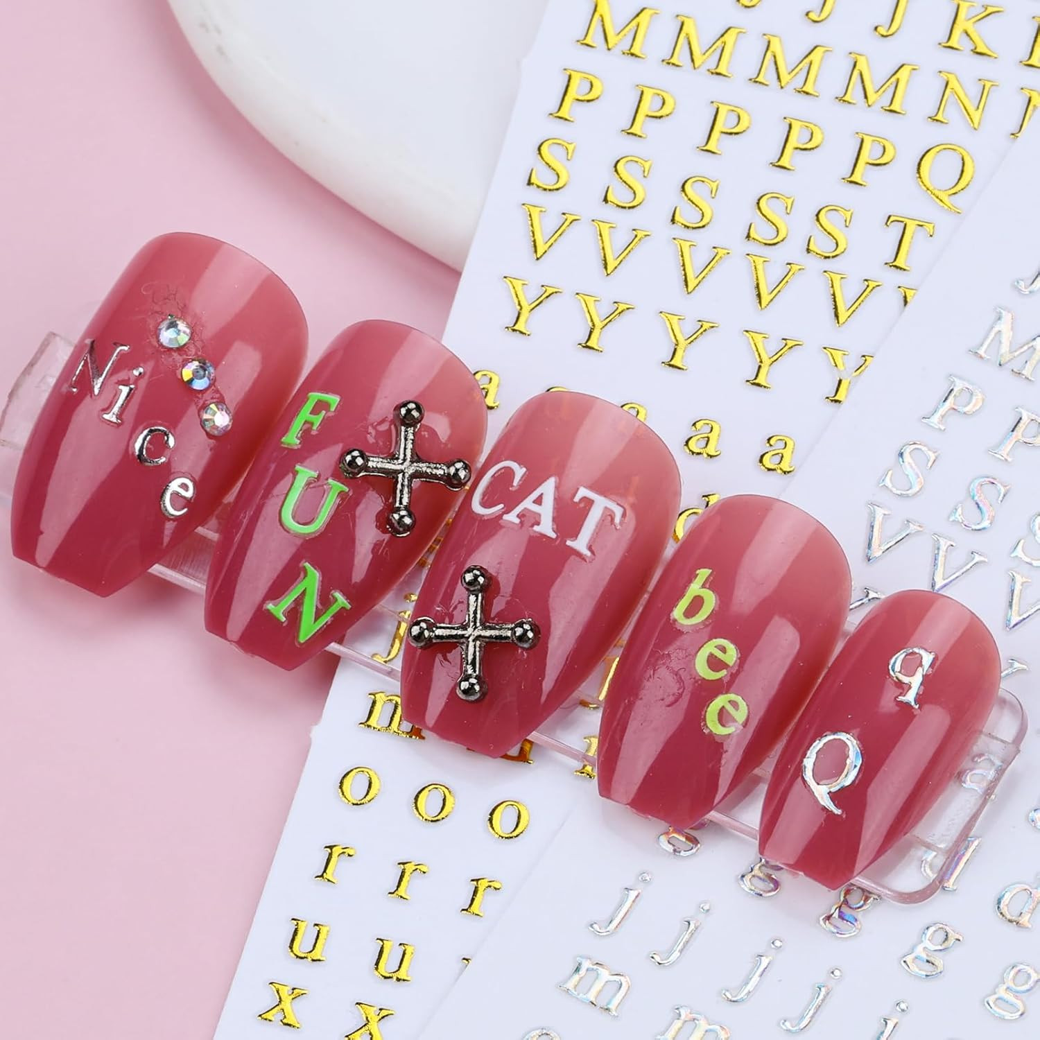 12 Sheets Alphabet Nail Art Stickers 3D Black White Gold Self-Adhesive Letter Na