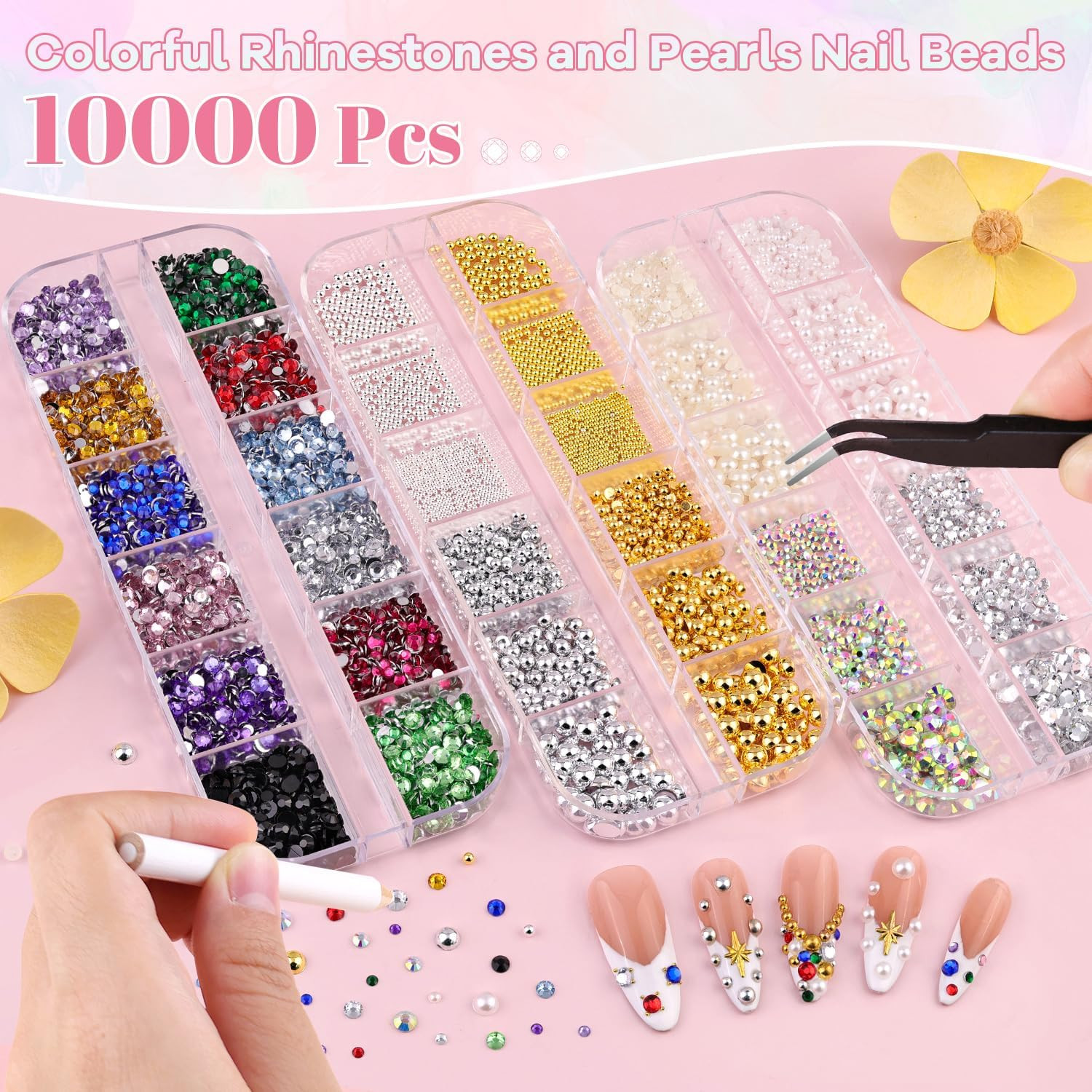 10000Pcs Colorful Nail Rhinestones and Charms for Nail Art, Flatback Nail Pearls