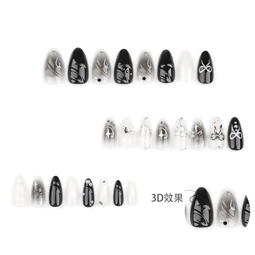 Black Press on Nails Medium Almond Fake Nails with 3D Alloy Bow Pearl Designs