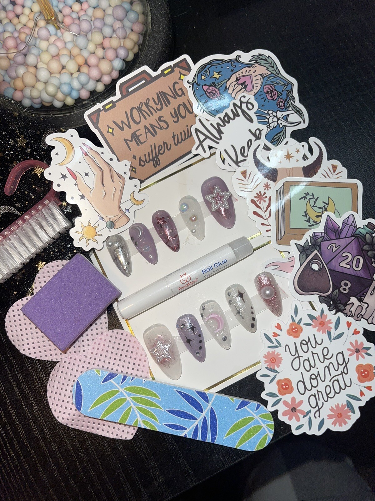 Trending Jelly Handpainted Press on Nails W/ Rhinestones. includes Prep Kit