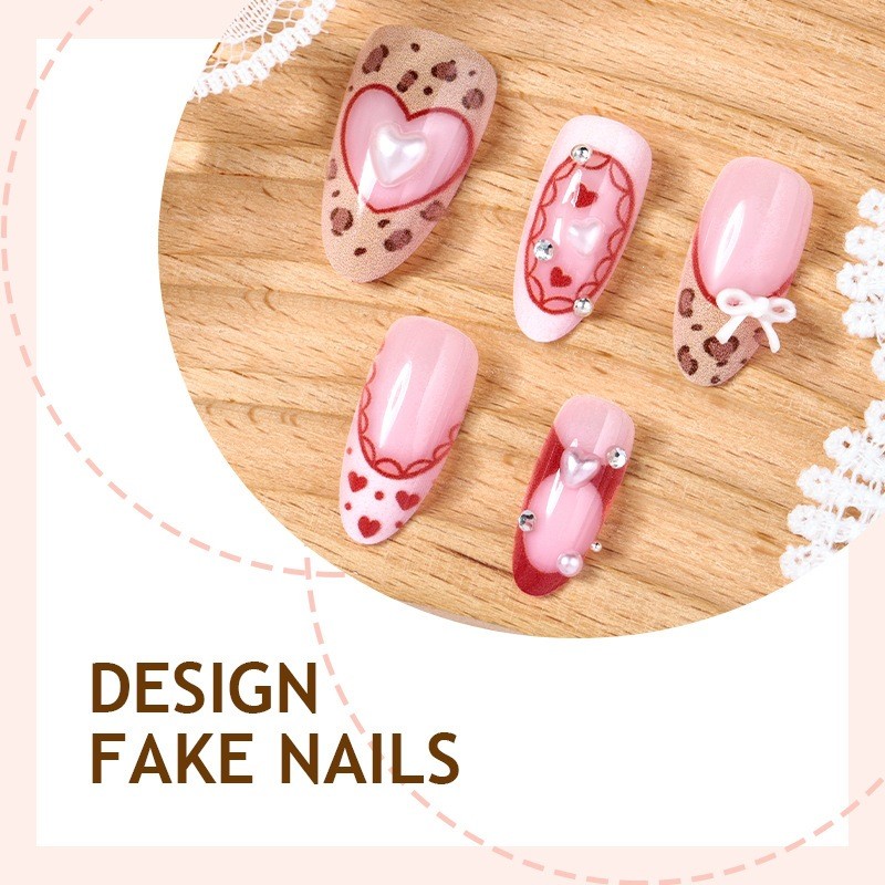 60pcs Stiletto Press on Nails, Red Leopard Heart Pearl Bow Valentines Nails