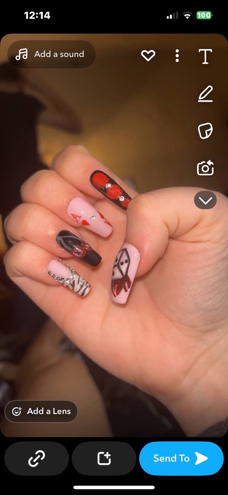 Long Coffin Press-On Nails Casino Theme Red Black Pink White Full Cover 3D