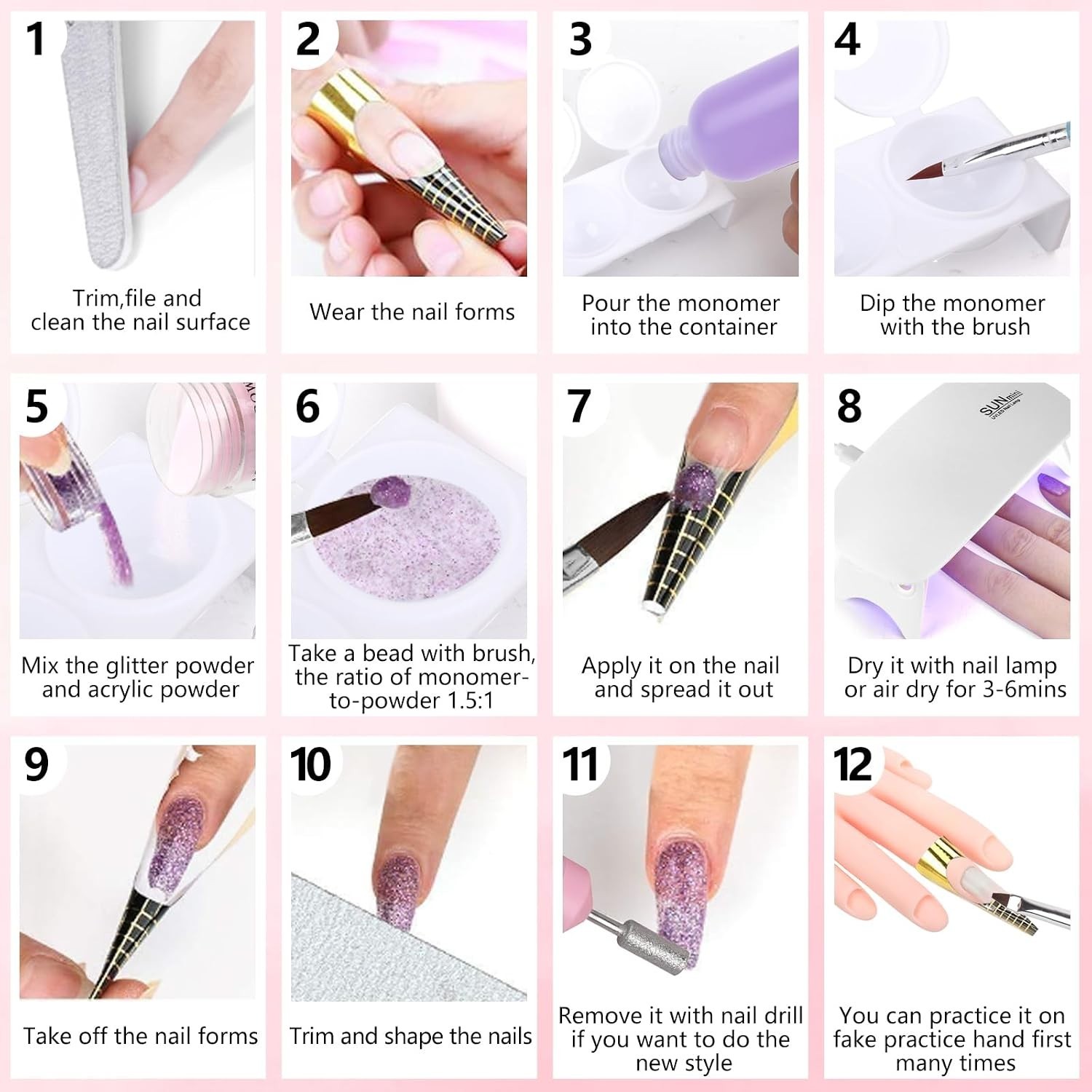 Professional Acrylic Nail Kit – Practice Hand Set with Powder, Brush, DIY Sta…