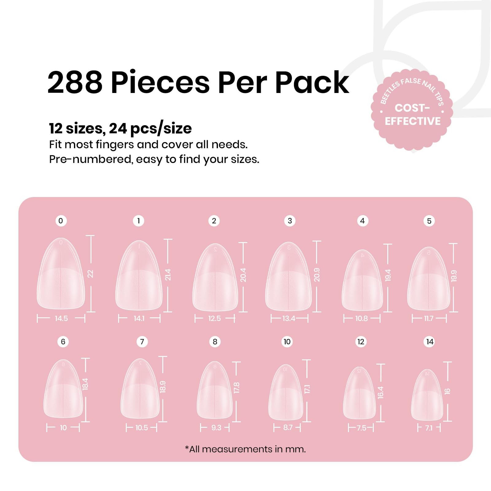 Beetles Short Almond Nail Tips – 288PCS 12 Almond, 288Pcs