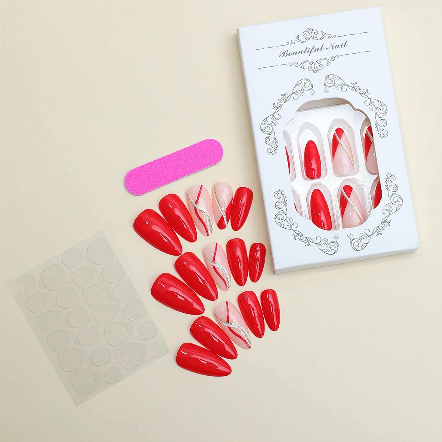 Press on Nails Medium Almond Shaped False Nails Artificial Acrylic Nails Gold…