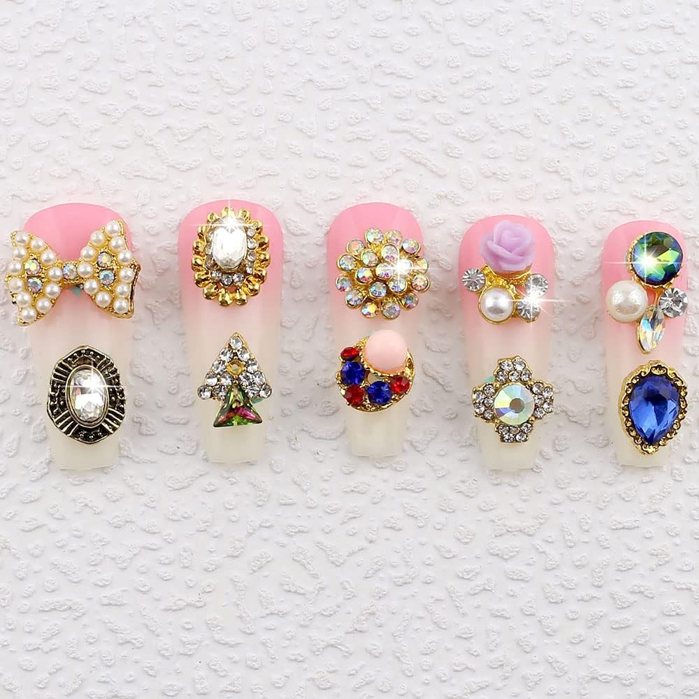 50Pcs 3D Gold Nail Charms for Acrylic Nails Mix Styles Rhinestones for Nails Met