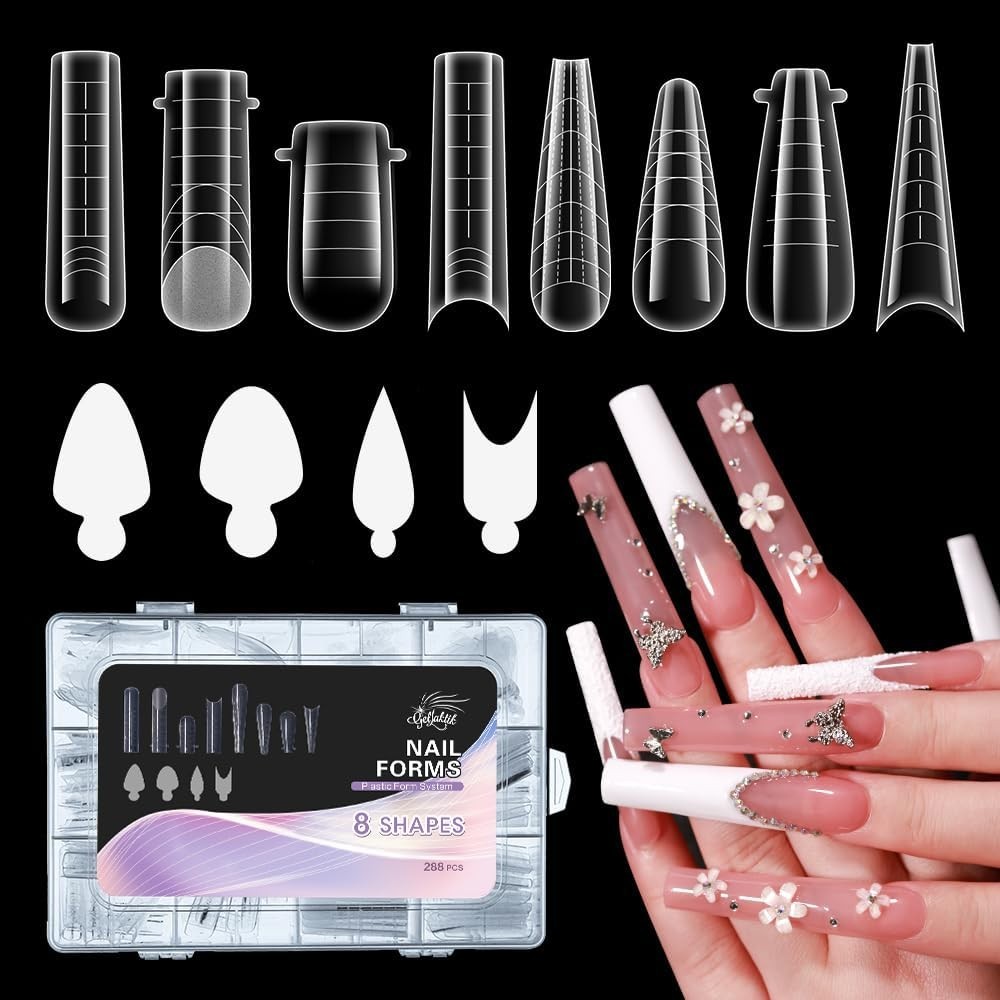 Nail Dual Forms for Poly Gel, 288PCS French Nail Forms, 8 Shapes, 12 Sizes Clear
