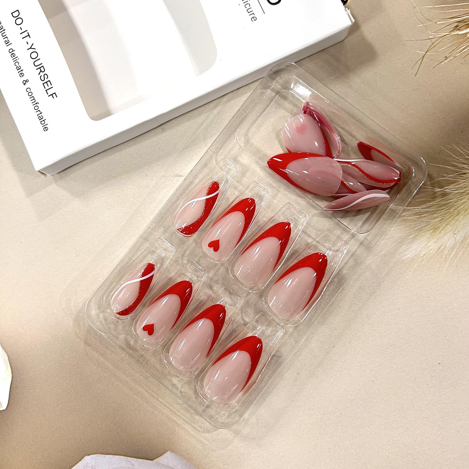 Red Love Heart Valentine’s Press on Nails Almond Medium Stripe Red French Fal…