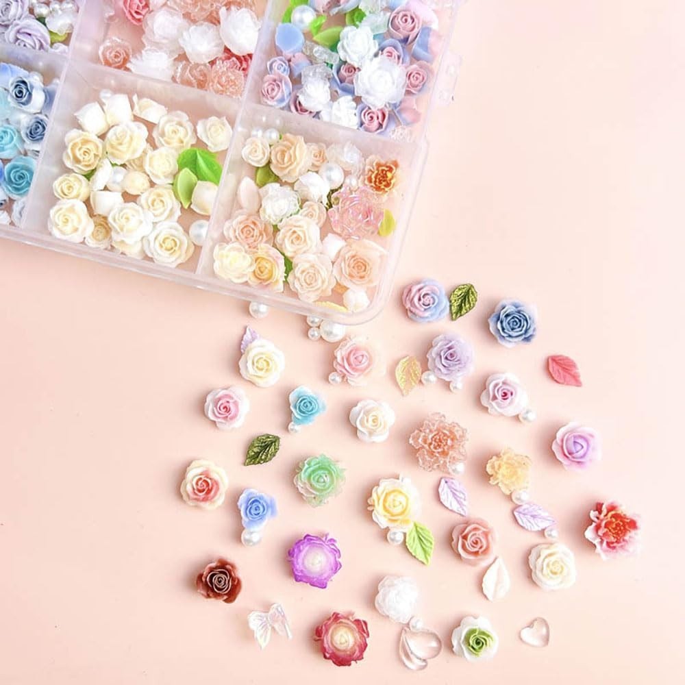 Colorful Flower Nail Charms Set – 24 Mixed Floral Designs with Pearl Leaves & Re