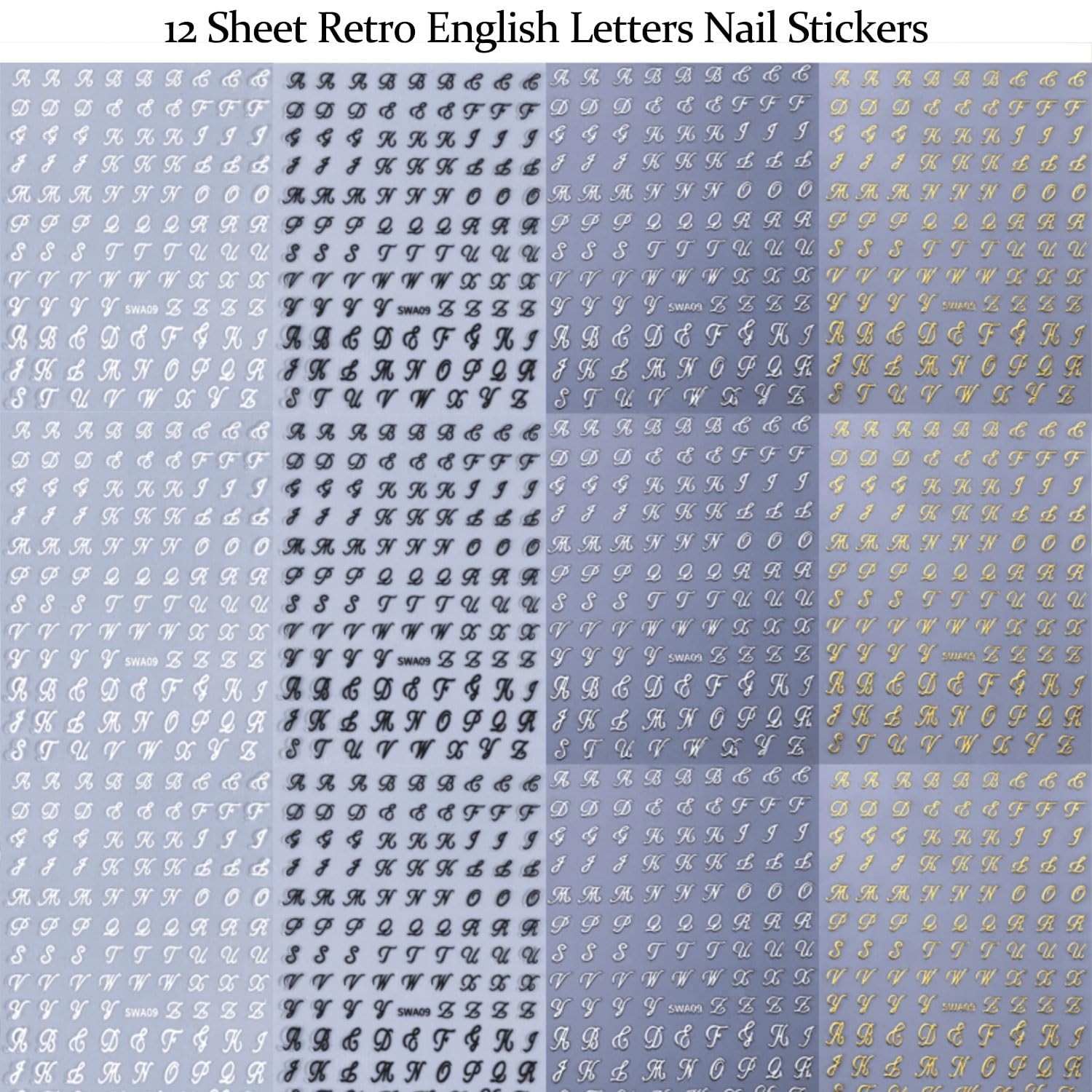 12 Sheets Letters Nail Stickers for Nail Art 3D Self-Adhesive Gold Silvery En…