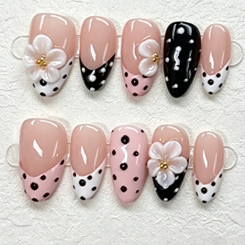 60pcs Almond Nude Polka Dot 3D Flower Cute Wedding Daily Press on Nails