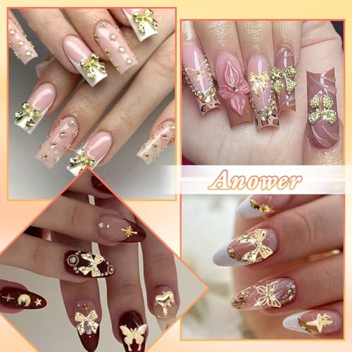 Gold Nail Charms, Butterfly Star Heart Bow Nail Golden Charms, Multi Shapes S1