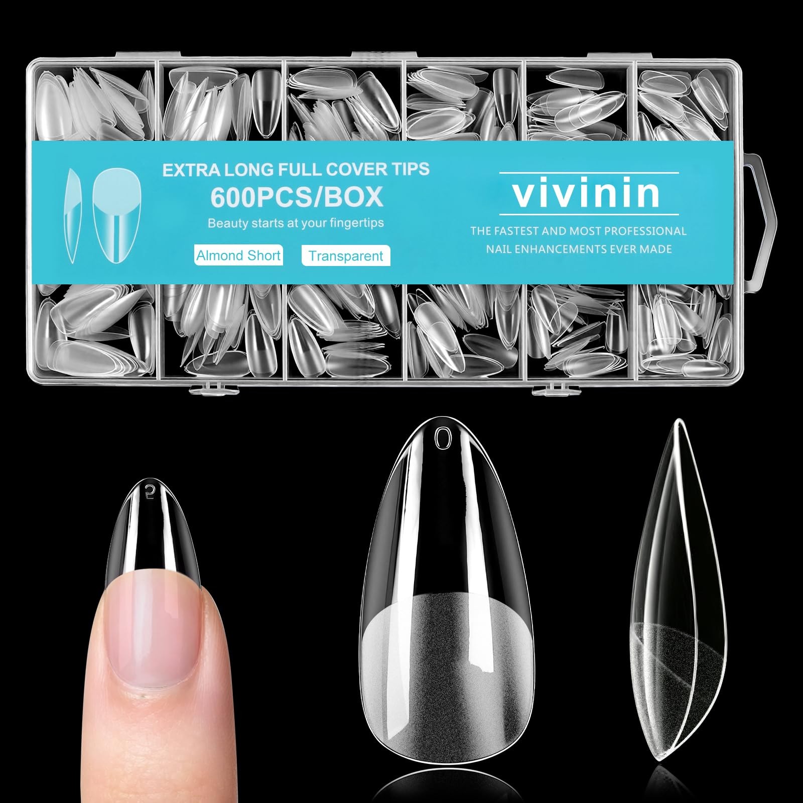 vivinin 600PCS Almond Nail Tips, 12 Sizes Clear Acrylic Half Matte Nails, Pre…