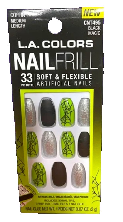LA Colors Nail Frill Nails GLUE-On Med Length Coffin BLACK MAGIC, Green CNT495